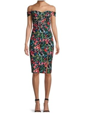 Aidan by Aidan Mattox Black Dress with Coral, Pink & Green Floral Print.